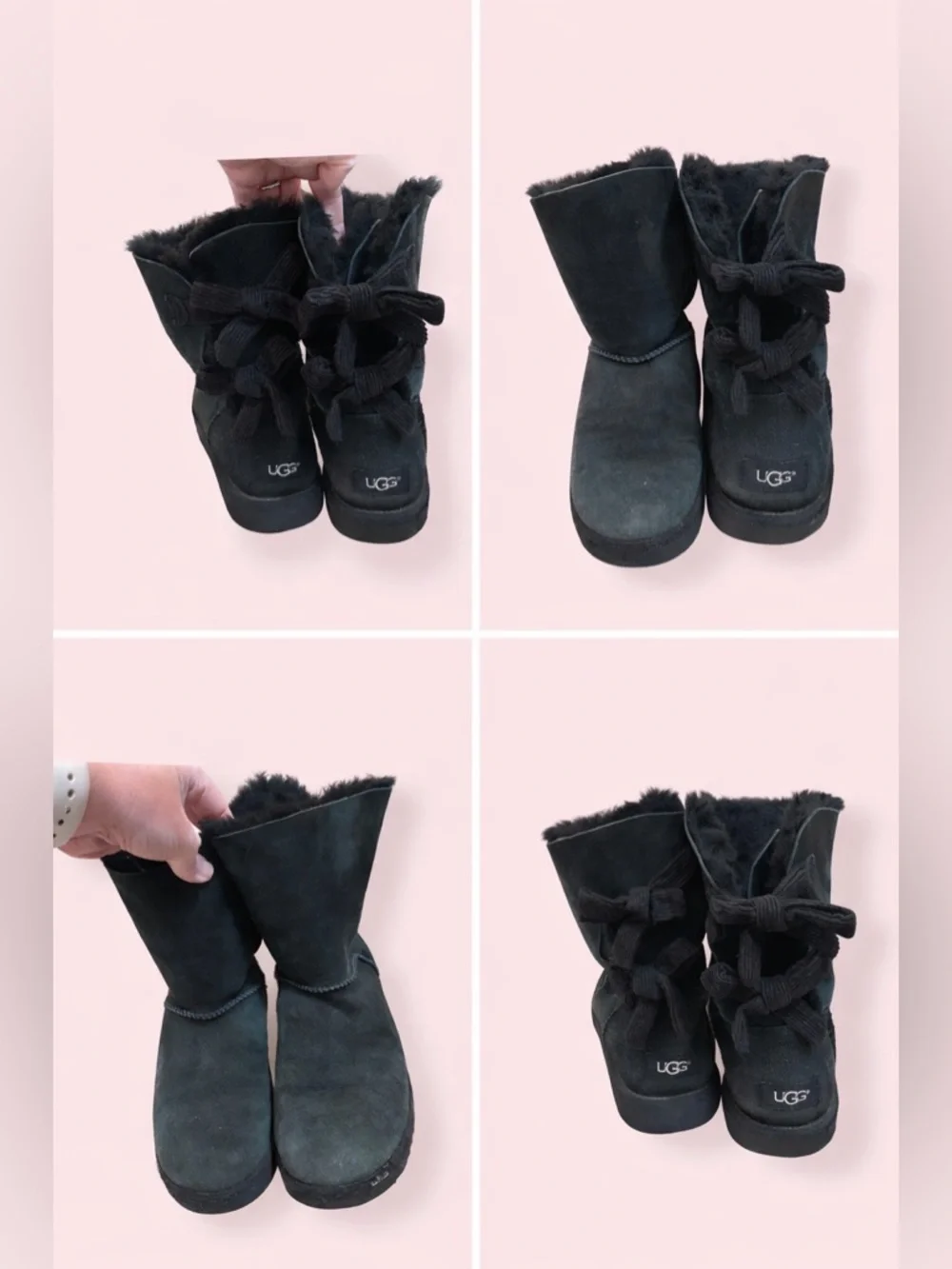 UGG Bailey Bow Boots Women 9‎ Black Shearling Suede Winter Classic